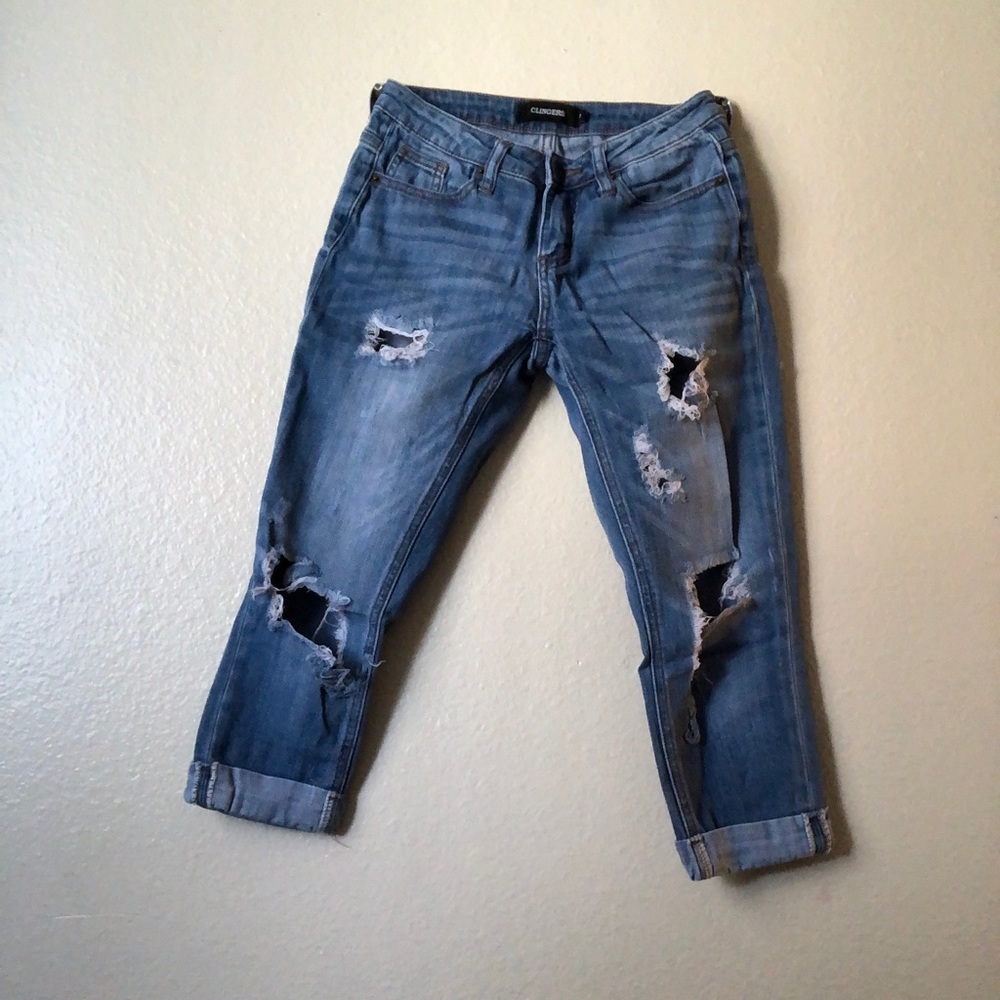Long blue wash capris.